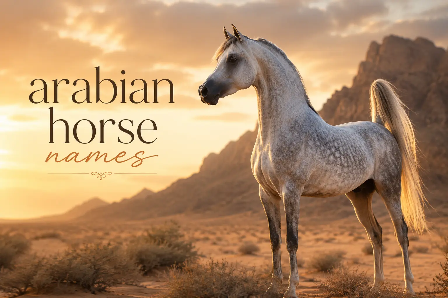 Arabian horse with dished profile standing in a desert landscape