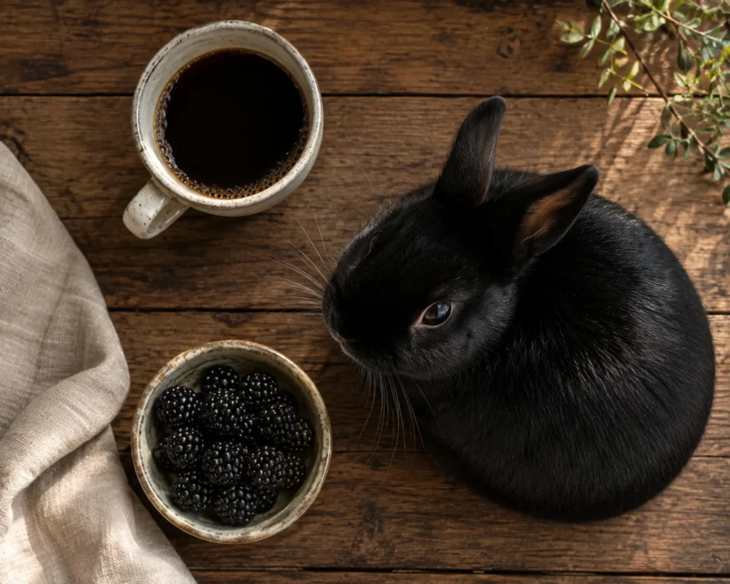 Black rabbit beside blackberries and coffee, food-themed name inspiration