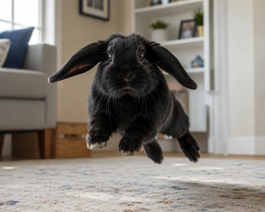 Playful black rabbit mid-hop, illustrating funny rabbit name ideas