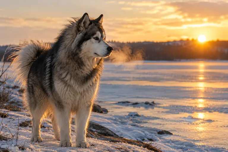 Alaskan Malamute by a frozen lake, inspiration for Alaska-themed dog names