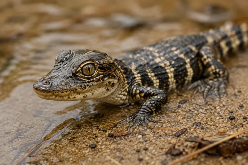 Alligator hatchling with pale cross-banding on wet sand