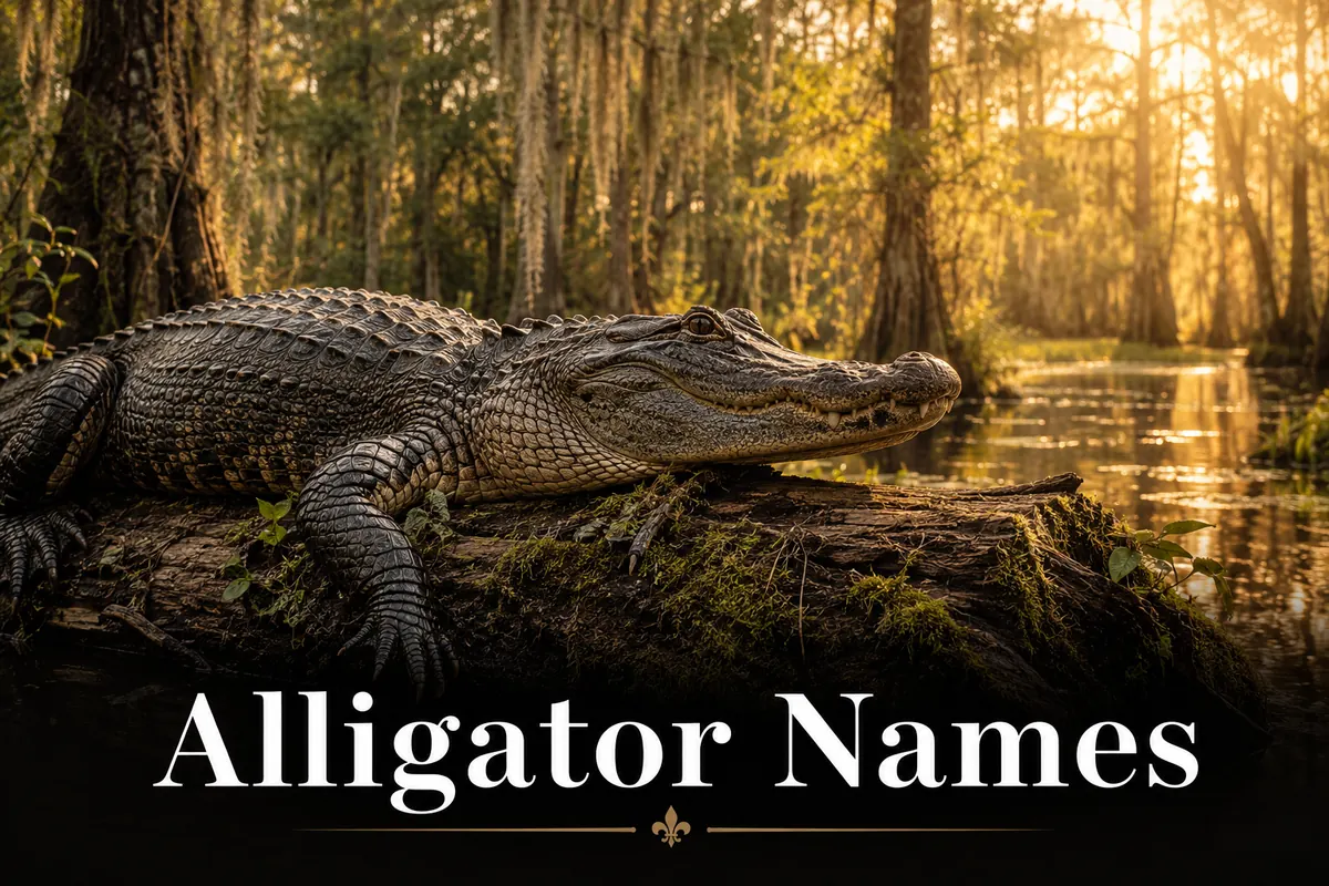 American alligator basking on a bayou log, inspiration for alligator names