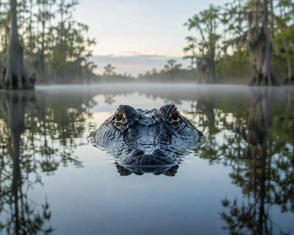 Alligator floating with eyes above still swamp water