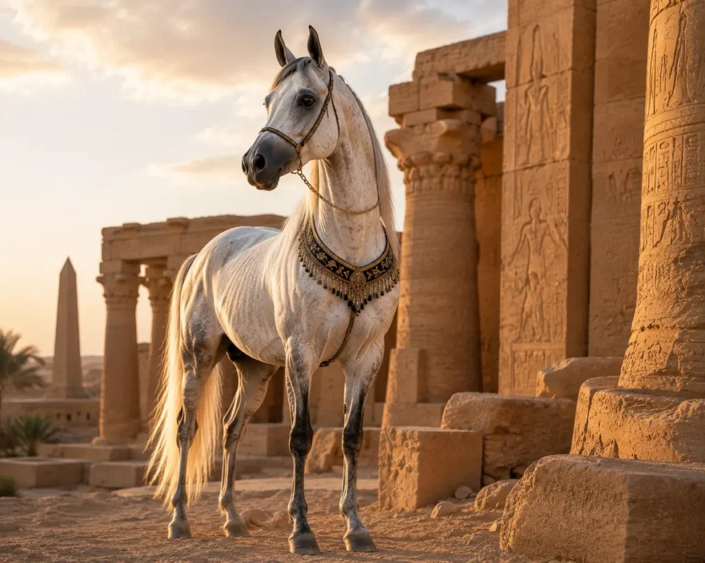 Arabian horse near sandstone ruins in a desert setting