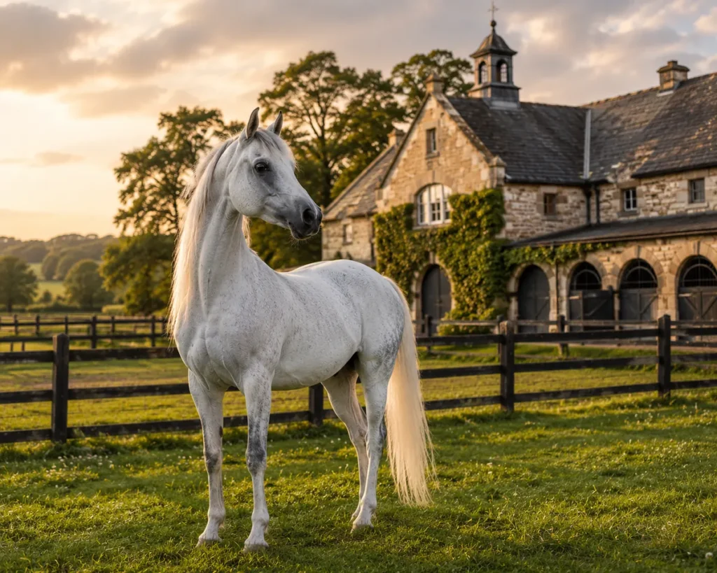 Arabian horse in a pastoral European stud farm setting