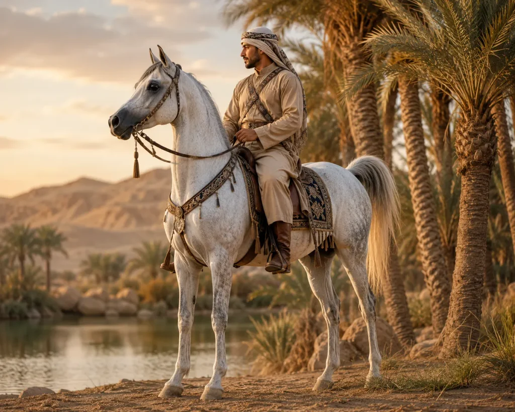Arabian horse and rider near a desert oasis
