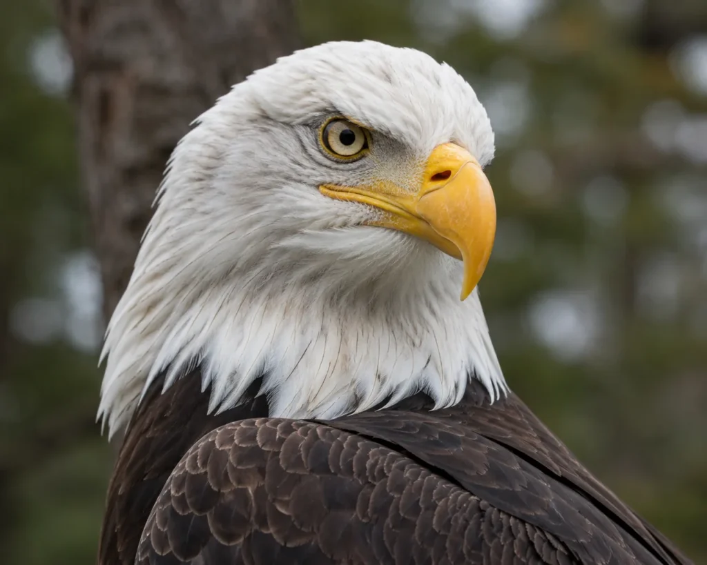 Close-up of a bald eagle's white head, one of many bald eagle names ideas