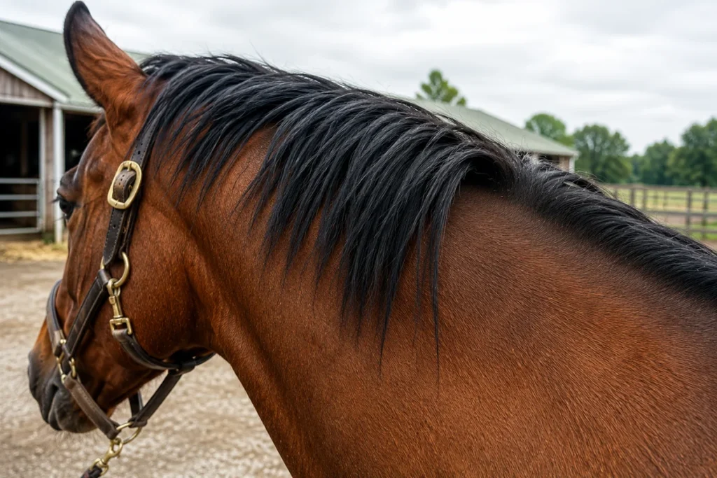 Close-up of a bay horse's coat showing the reddish body and black mane transition