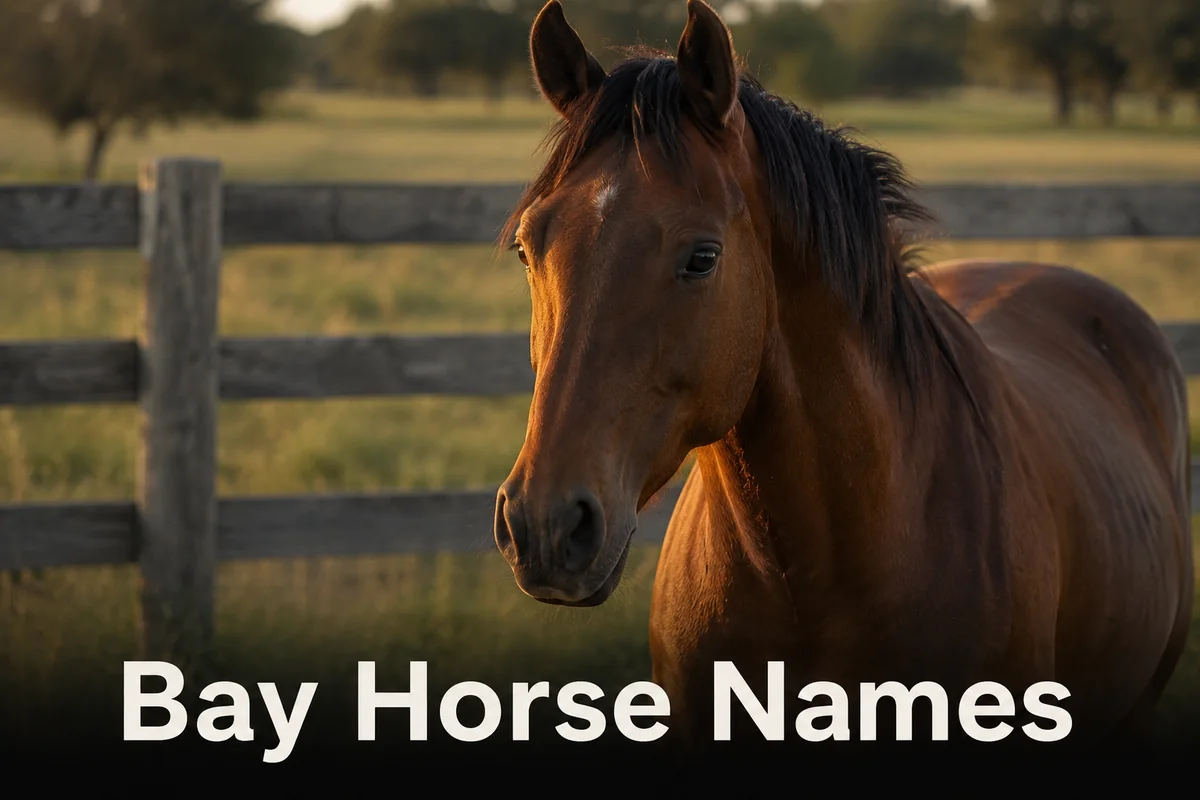 Bay horse with reddish-brown coat and black mane standing in a golden-hour pasture