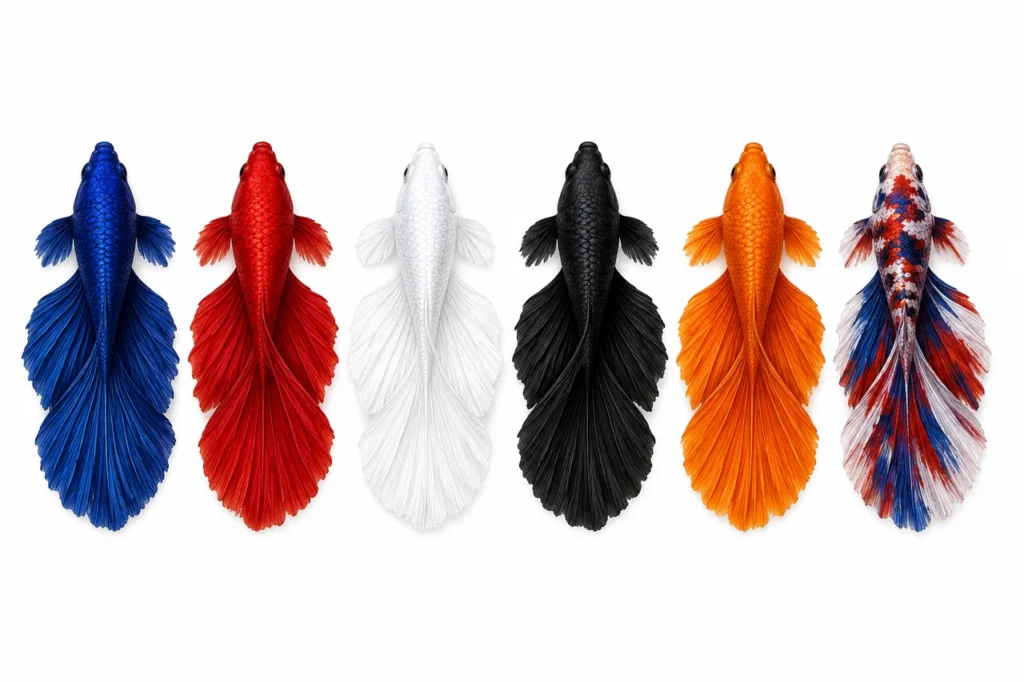 Betta fish color chart showing blue, red, white, black, and marbled types