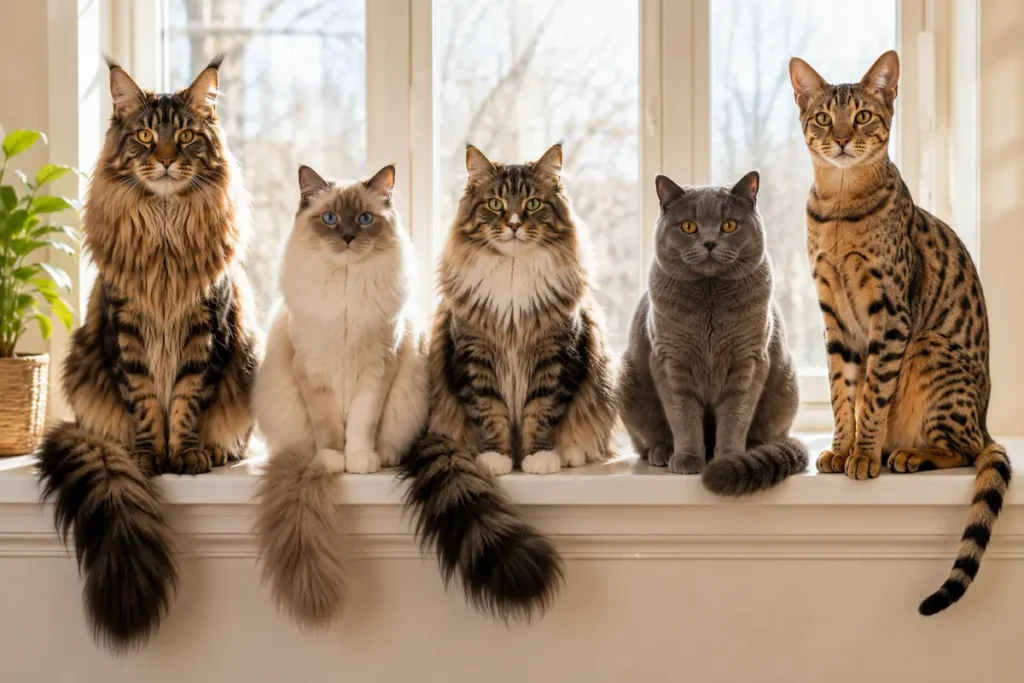Five big cat breeds sitting together showing size and coat differences
