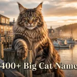 Fluffy Maine Coon big cat sitting on a dock post at golden hour