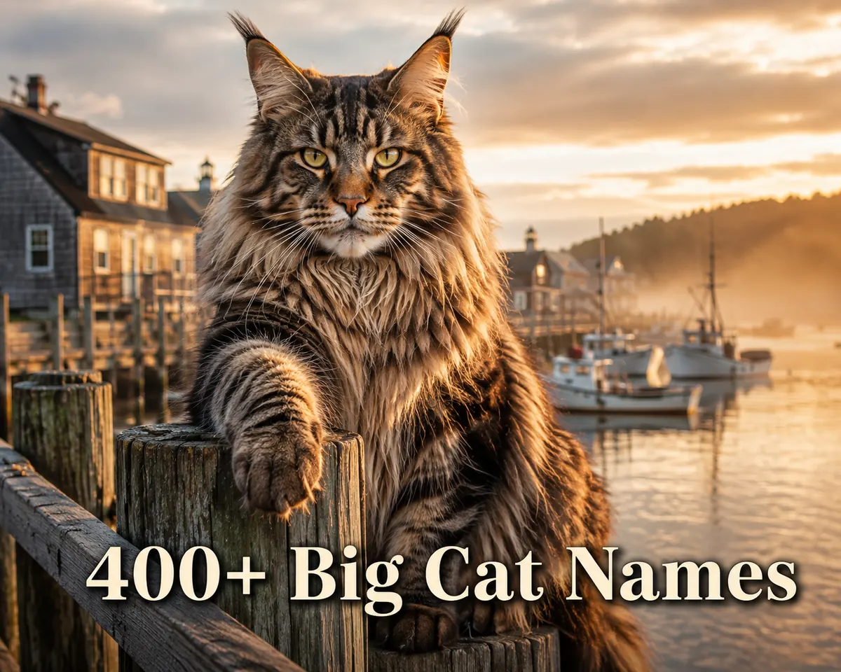 Fluffy Maine Coon big cat sitting on a dock post at golden hour