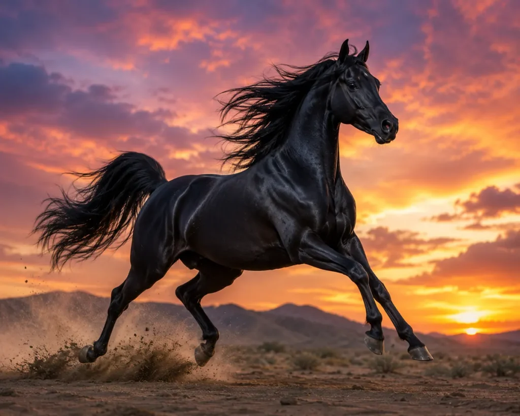 Black Arabian horse galloping at dusk
