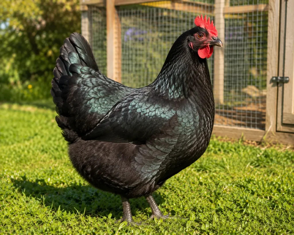 Black Australorp hen with glossy iridescent feathers, ideal for black chicken name ideas
