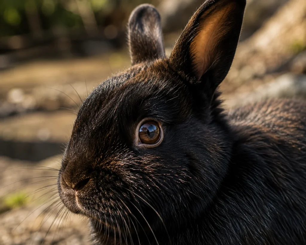 Close-up of a black rabbit's coat showing natural undertones