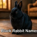 Glossy black rabbit sitting indoors, illustrating black rabbit names