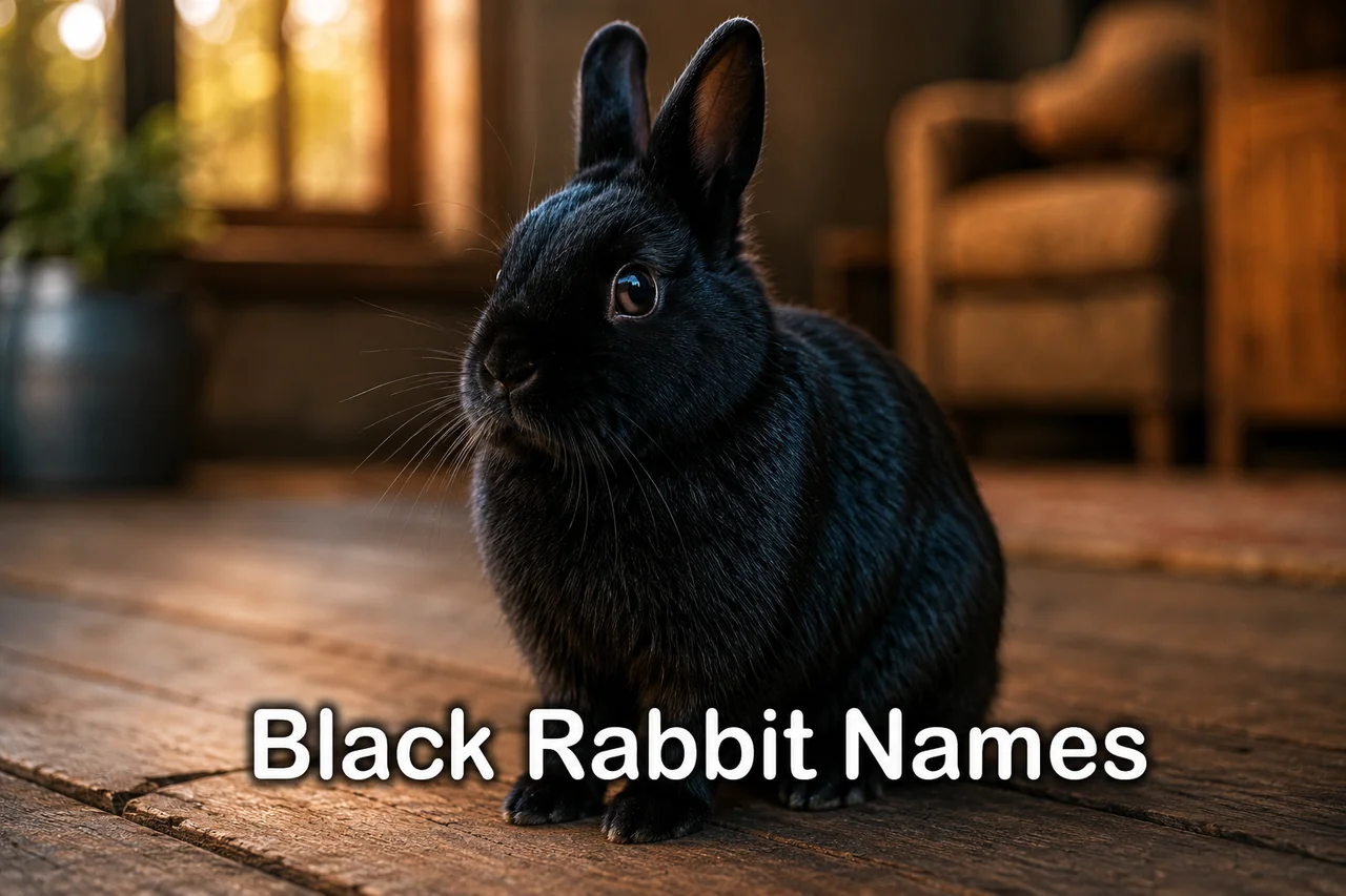 Glossy black rabbit sitting indoors, illustrating black rabbit names