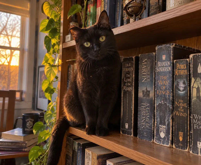 Black cat on a bookshelf, a naming theme for sci-fi and fantasy fans