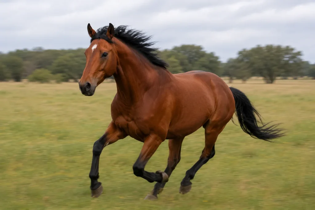 Blood bay horse with vivid red-brown coat cantering across an open field