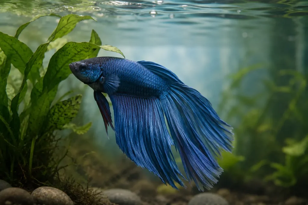 Blue veiltail betta fish swimming near aquarium plants