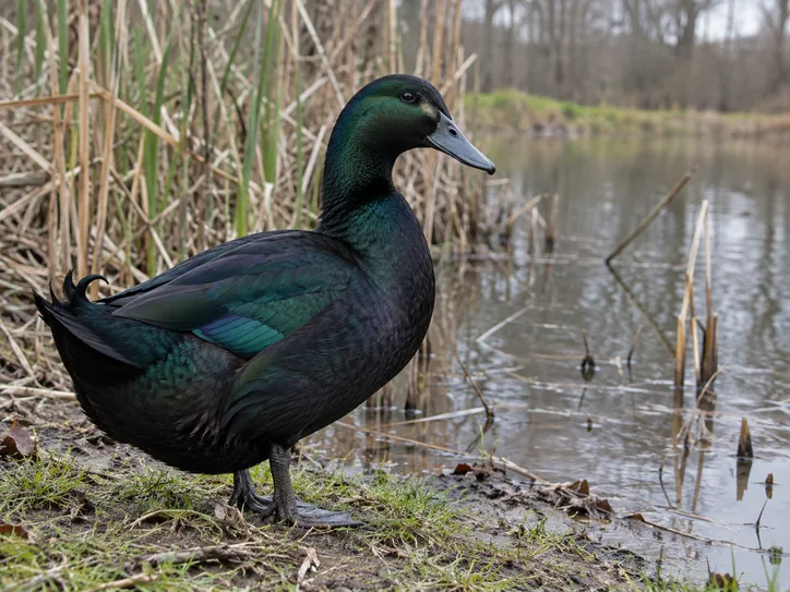 Glossy black Cayuga duck by a pond, for black duck name inspiration