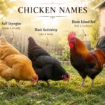Backyard flock of hens and a rooster foraging outdoors, inspiration for chicken names