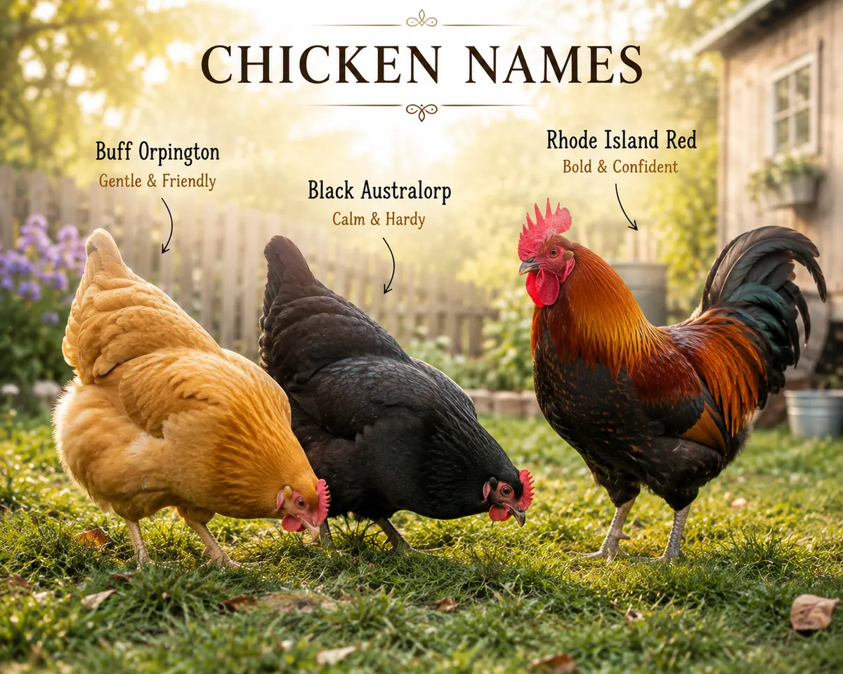 Backyard flock of hens and a rooster foraging outdoors, inspiration for chicken names