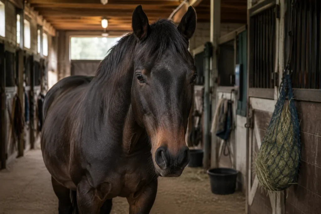 Dark bay horse with near-black coat standing in natural barn light