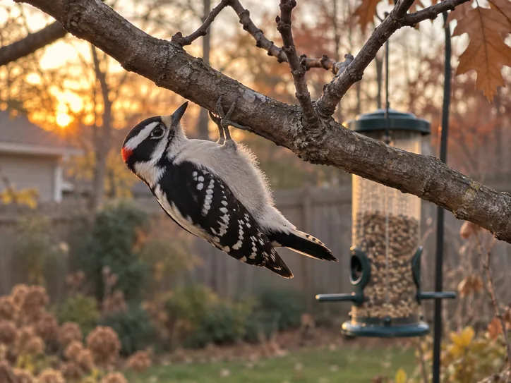 Small downy woodpecker on a branch, one of several real woodpecker species