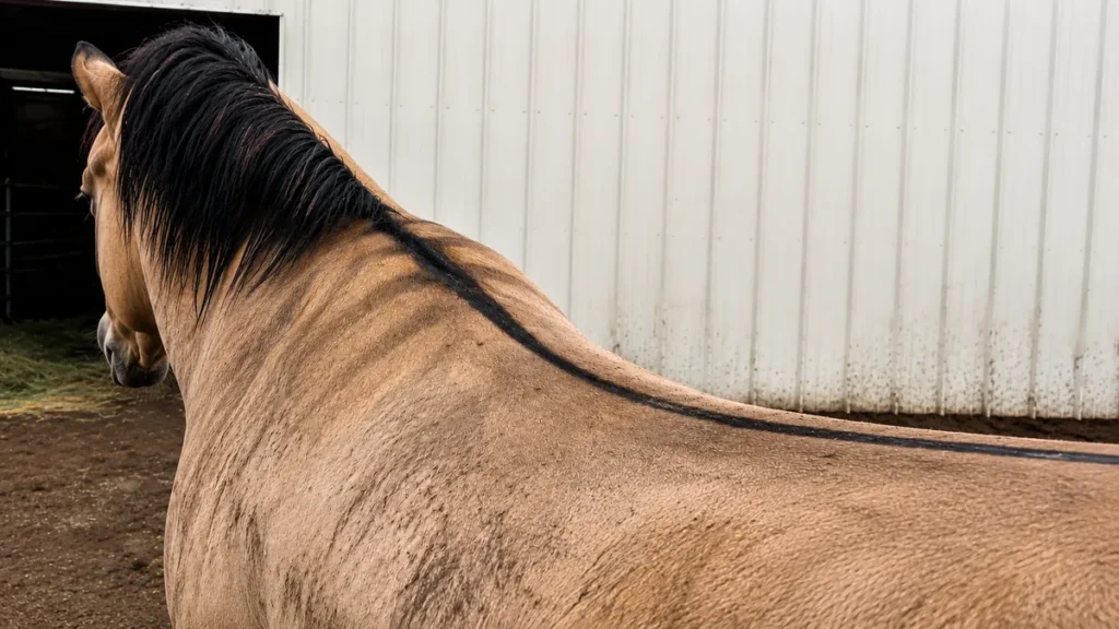 Close-up of a dun horse's dorsal stripe and shoulder markings
