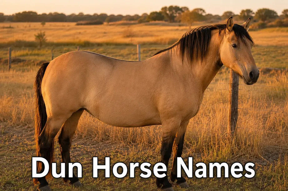 Bay dun horse with visible dorsal stripe standing in a golden field, dun horse names guide