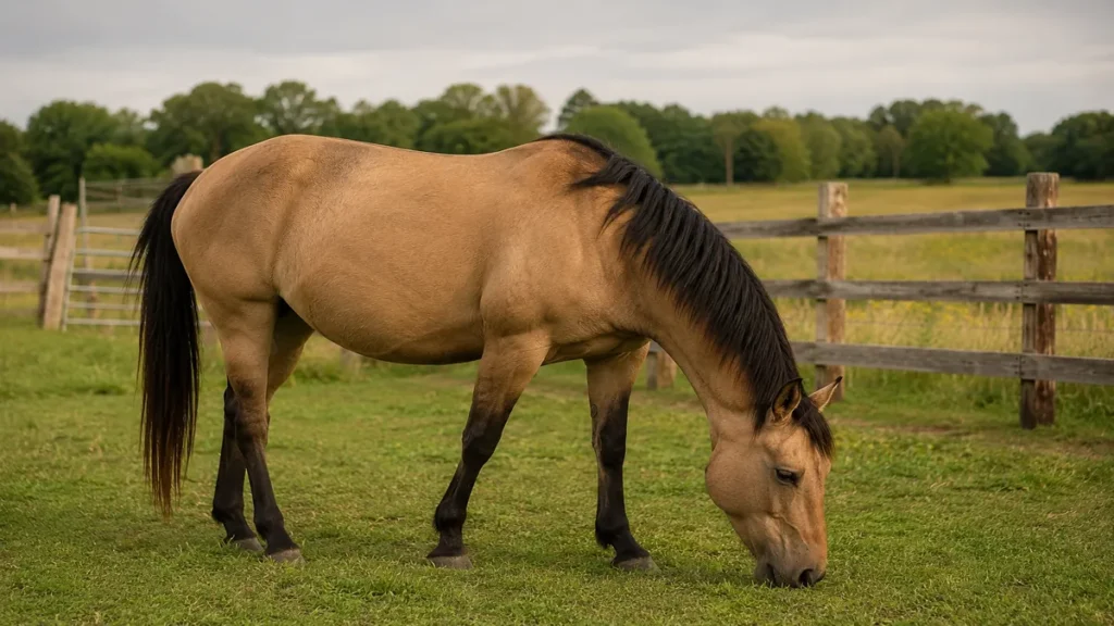 Bay dun mare grazing with visible black points in a pasture