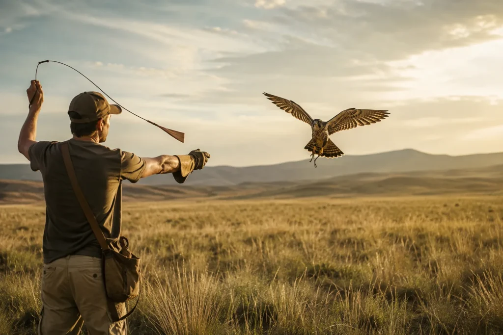 Falconer calling a falcon to the glove with a lure during a training session