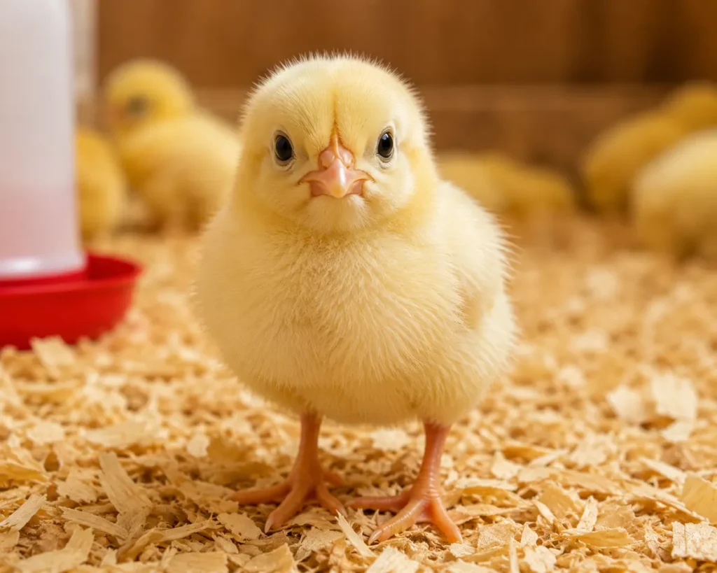 Fluffy yellow chick in a brooder, a common starting point for naming a new chicken