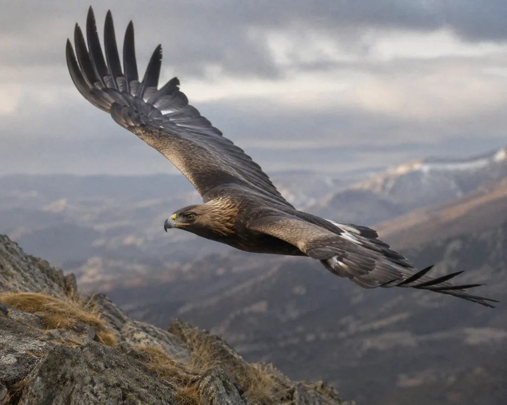 Golden eagle flying over a mountain ridge at golden hour