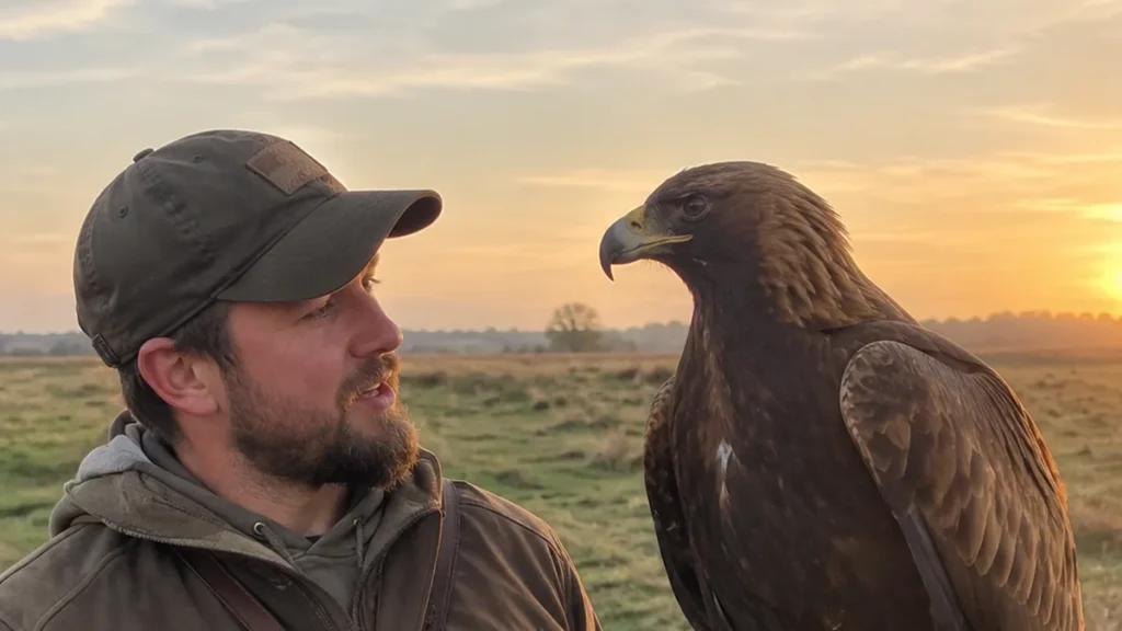 Licensed falconer holding a golden eagle on a gloved arm outdoors