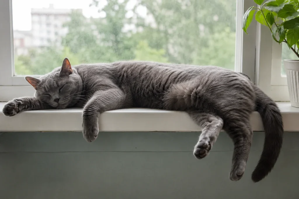 Grey cat napping on a windowsill in soft daylight