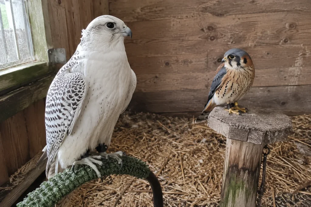 Gyrfalcon and American kestrel side by side showing real falcon species size differences