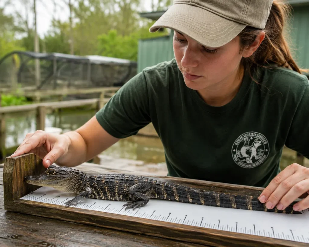 Wildlife rehabber measuring a juvenile alligator at intake