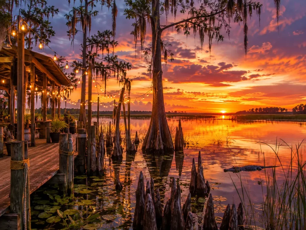 Louisiana bayou at sunset, setting for Cajun-style alligator names