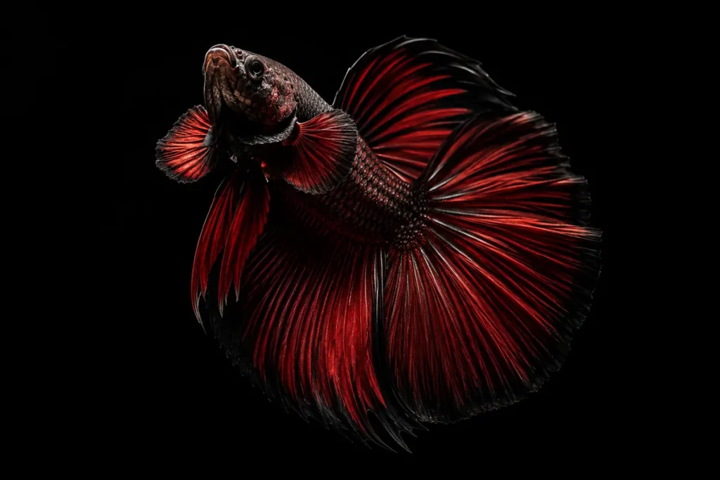 Male betta fish flaring its fins, deep maroon and black coloring