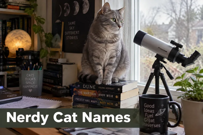 Grey tabby cat with books and telescope, ideas for nerdy cat names