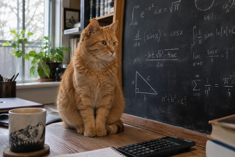 Orange cat near a chalkboard of equations, science-inspired cat name ideas