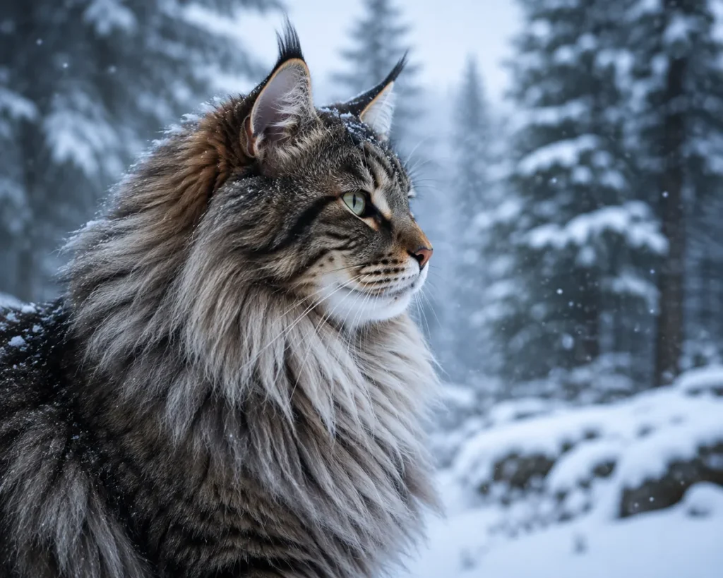 Norwegian Forest Cat with thick winter coat in a snowy forest