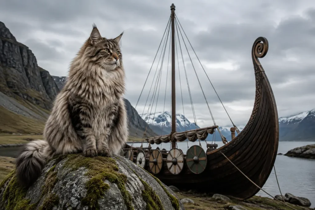 Big cat breed posed near a Viking-style ship, Norse naming theme