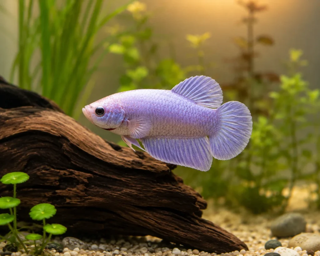 Lavender-colored female betta fish near driftwood in planted tank