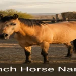 A buckskin ranch horse grazing at sunset, inspiration for ranch horse names