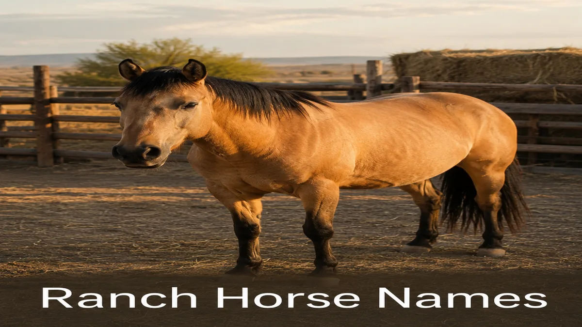 A buckskin ranch horse grazing at sunset, inspiration for ranch horse names