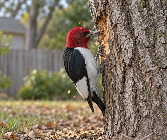 Red-headed woodpecker pecking bark, choosing a name to match its markings